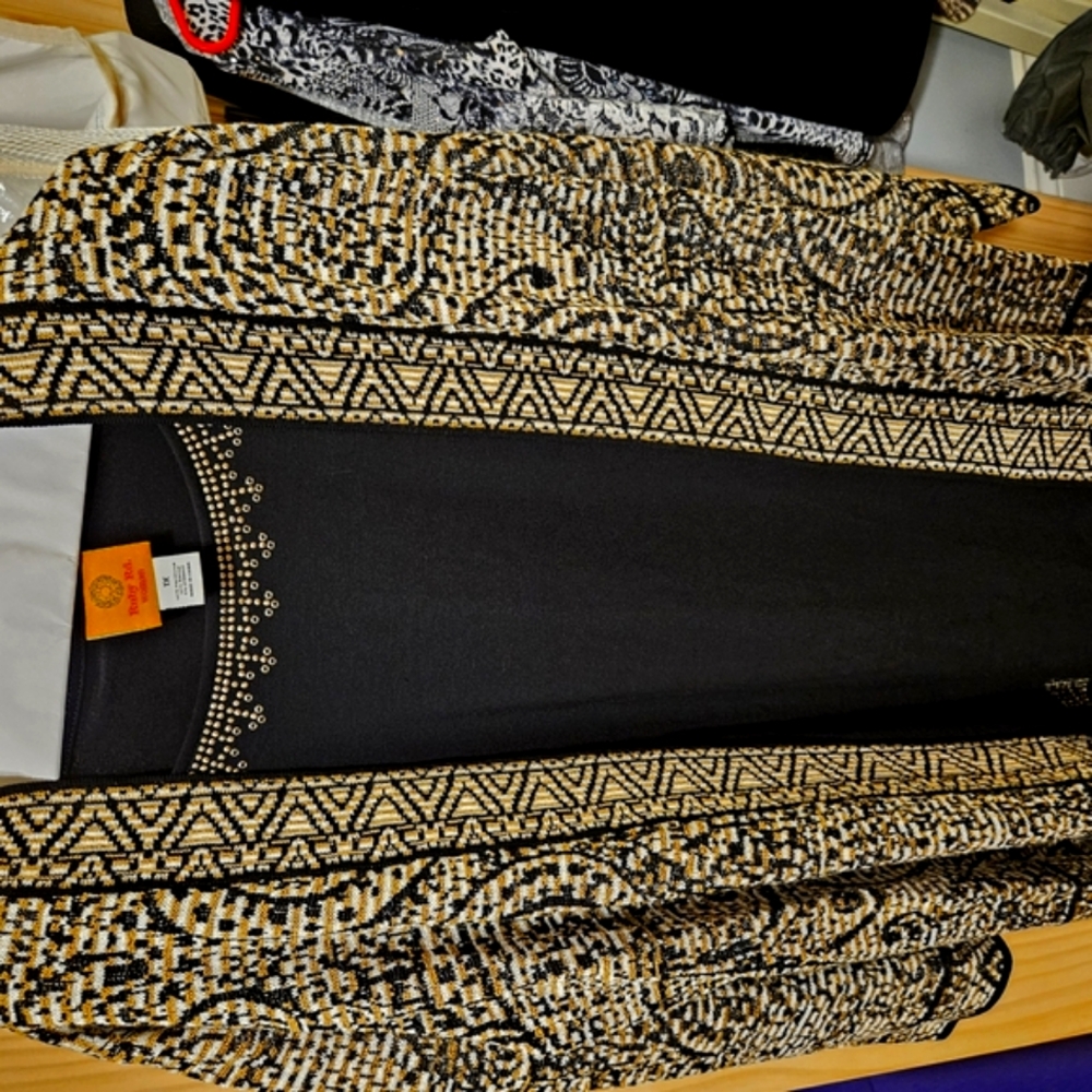 Ruby Red 2 piece Black and Gold Embellished Jacket and top.  EUC